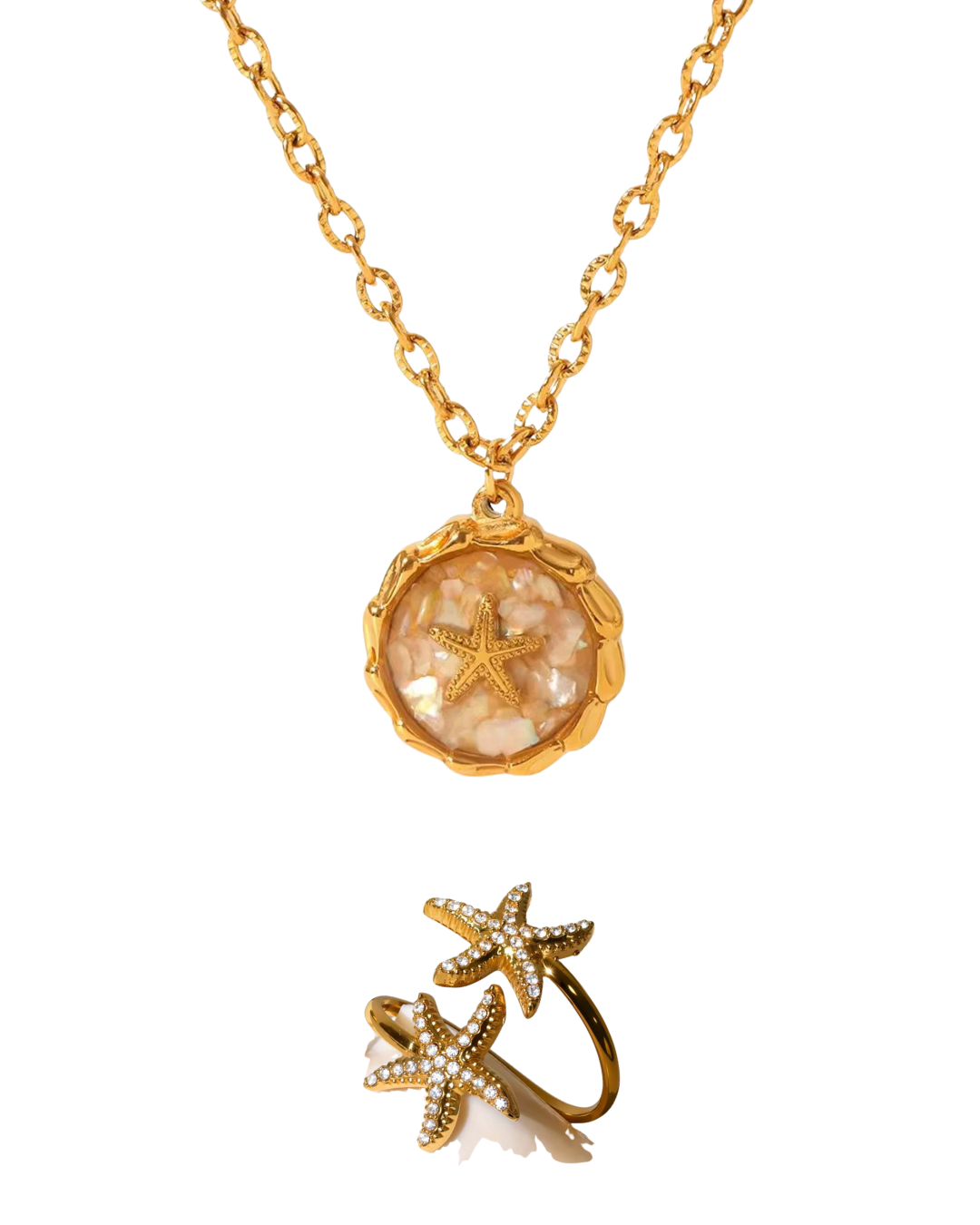 Set Santa Estrella: Collar + anillo- Chapado en Oro 18K
